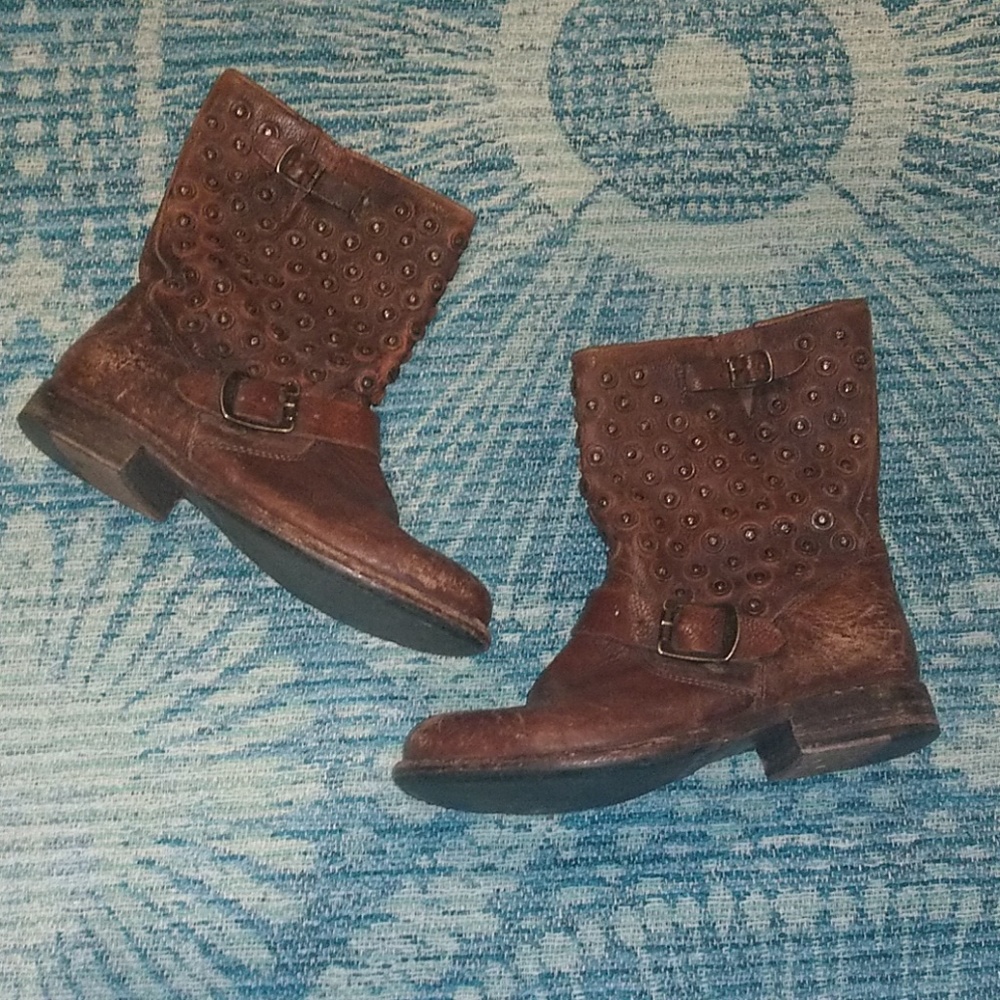 Frye Brown Studded Disc Leather Ankle Boots